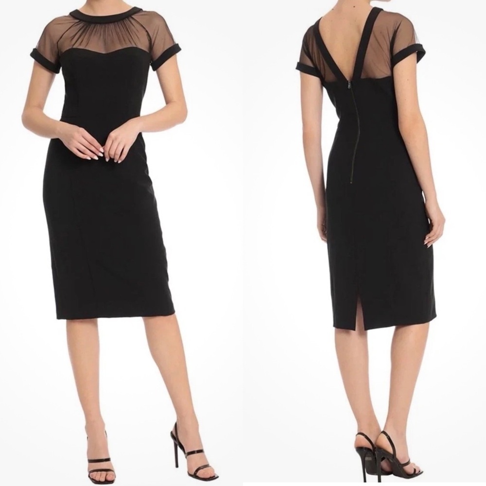 MAGGY LONDON Dress Womens 6 Black Sheer Illusion Yoke V-Back Crepe Cocktail